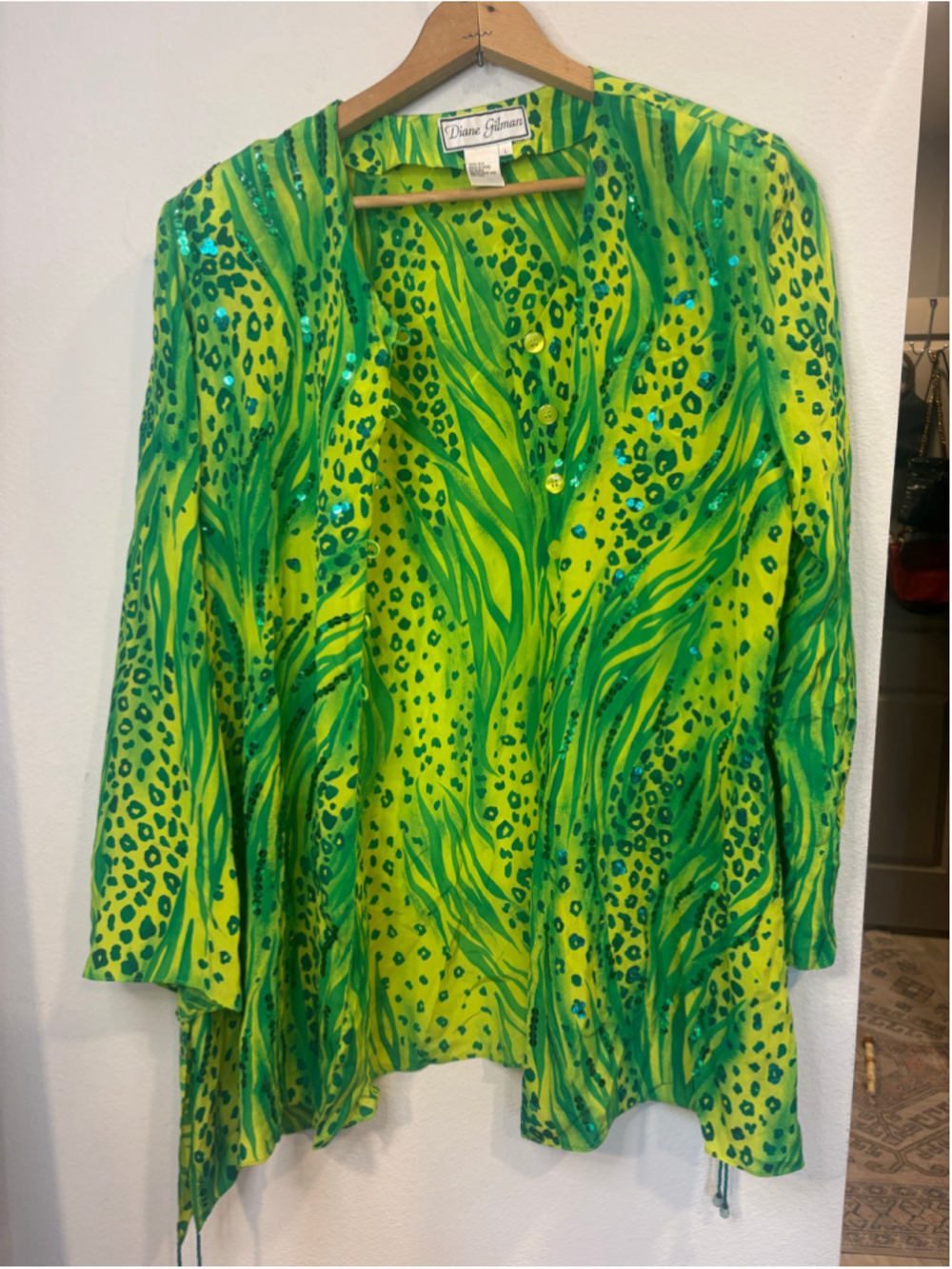 Vintage Diane Gilman 100% Silk Beaded Animal Print Tunic Blouse Green Large L